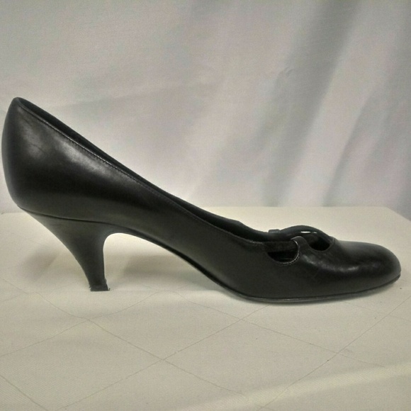 Saks Fifth Avenue Black Leather Crisscross Suede Detail Mid Heel Slip On Pump - Picture 2 of 8